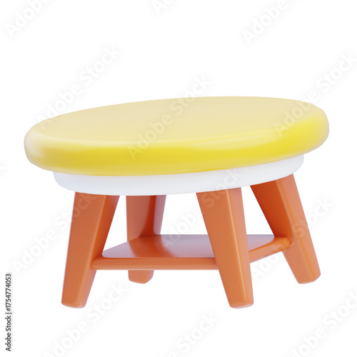 Small orange and white stool with a bright yellow cushioned top featuring a simple modern design isolated on a transparent background