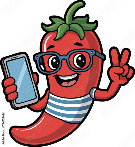 Cool Red Chili Pepper Mascot Holding Smartphone and Peace Sign  Isolated Vector Illustration	