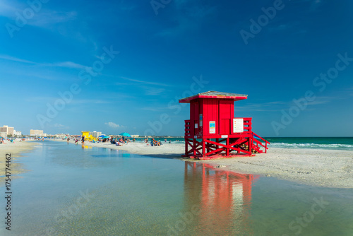 Red lifeguard station tower on Siesta Beach in Siesta Key, Sarasota, Florida