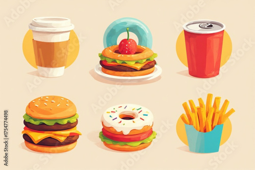 Illustration of fast food items including burgers, donuts, fries, coffee, and soda, arranged on a light background.