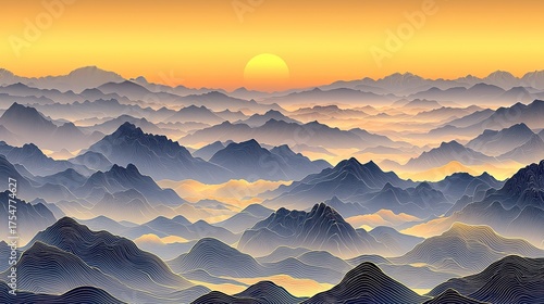Abstract line art of mountains and golden moon, Chinese style vector illustration for luxury wall decoration 
