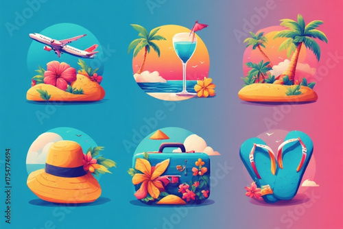 Colorful illustrations depicting various elements associated with tropical vacations and summer travel.