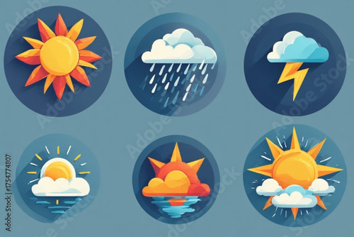 Weather icon set featuring sun, rain, lightning, sunrise, and sunset in a flat vector style.