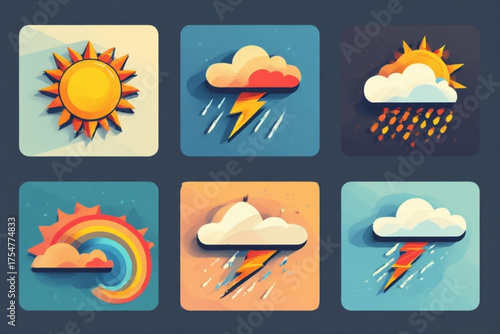 Six weather icons depicting sunny, stormy, rainy, and rainbow conditions in a stylized, cartoonish design.