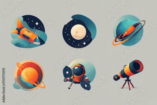 Six stylized space icons depicting a rocket, moon, planets, astronaut, and telescope.