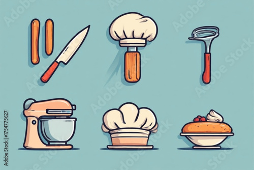 Illustration of kitchen utensils and food items, including a knife, mixer, chef hats, and a dessert with cream and berries.