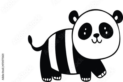 A charming hand-drawn style cartoon panda bear is depicted walking with a playful expression. Its characteristic black and white markings are prominent, and its large eyes convey innocence and charm.