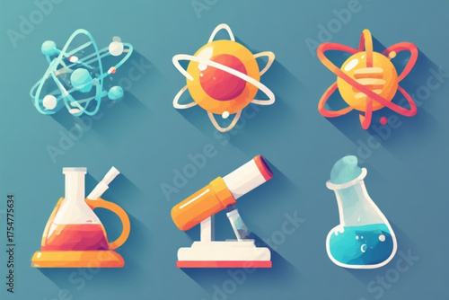 Science icons featuring atoms, flasks, and a telescope against a blue background.
