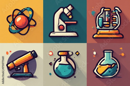 Colorful illustrations of science equipment and scientific concepts, including atom and microscope.