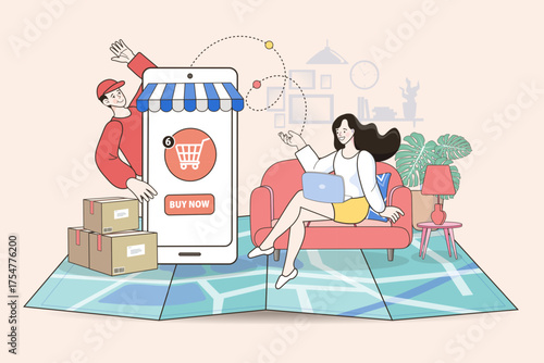The complete e-commerce process from online shopping to home delivery. A woman orders on her laptop from home, and a courier is dispatched with packages from the online store on a smartphone. 