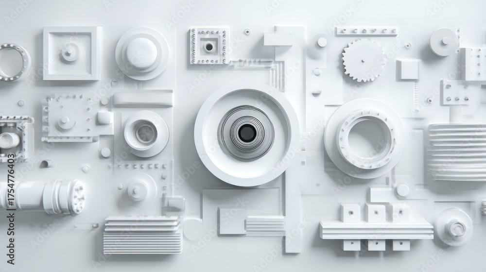 Fototapeta premium A minimalist arrangement of various white geometric shapes and mechanical components, creating a modern aesthetic.