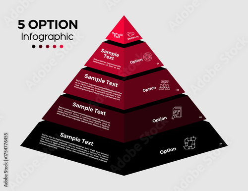 Infographic template with a pyramid triangle vector shape, with 5 information options, suitable for web, posters, business communications and business reports.