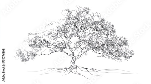 A detailed line drawing of a tree, showcasing intricate branches and roots, symbolizing nature and growth in a minimalist style.