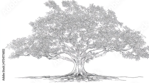 A detailed line drawing of a large, majestic tree with an expansive canopy and intricate roots, showcasing nature's beauty and resilience.