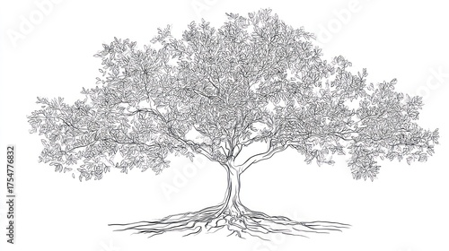 A detailed illustration of a tree, showcasing intricate branches and roots, symbolizing growth and nature.