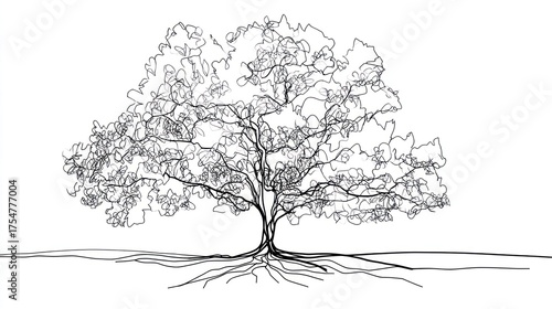 A detailed line drawing of a tree showcasing its branches and roots, emphasizing natural beauty and structure.