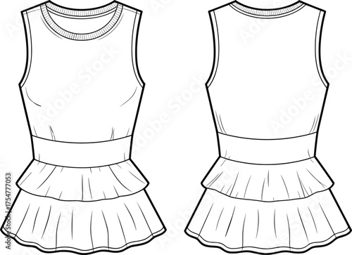 CAD drawing flat vector illustration, sleeveless tiered dress outline, ruffle skirt template, front and back view, fashion sketch, garment