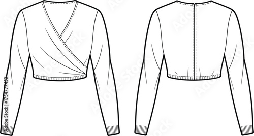 Cropped wrap top, long sleeve blouse, deep V-neck, ribbed hem, fashion flat sketch, CAD garment illustration, technical clothing