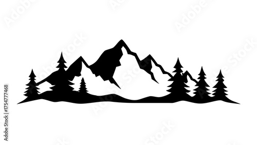 Silhouette of mountain range with evergreen trees in a scenic landscape illustration art design