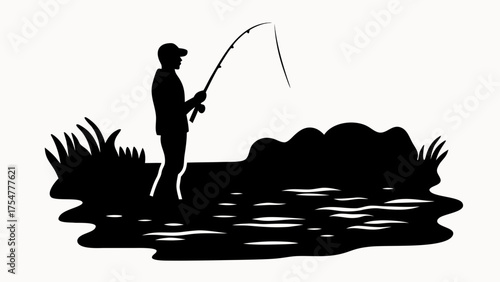 Silhouette of a fisherman casting his line into a lake surrounded by grass and hills in black and white