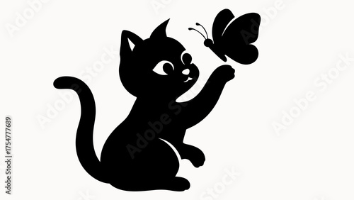 Silhouette of a playful kitten reaching out to a butterfly with its paw in a minimalist black and white design