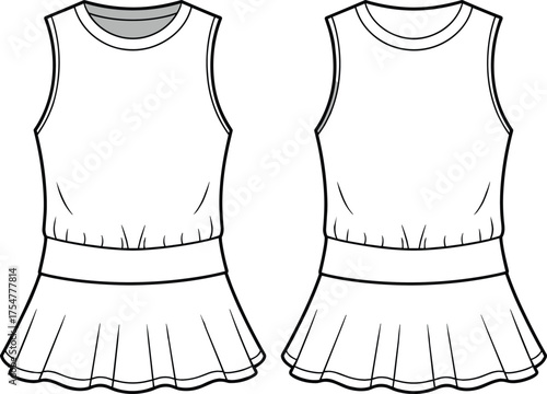 Sleeveless pleated dress CAD drawing, flat vector illustration, round neckline, fitted bodice, flared skirt, fashion sketch, garment design, 