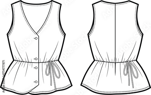 Women's sleeveless top, V-neck blouse, button front shirt, drawstring waist, fashion flat sketch, CAD garment illustration, technical design