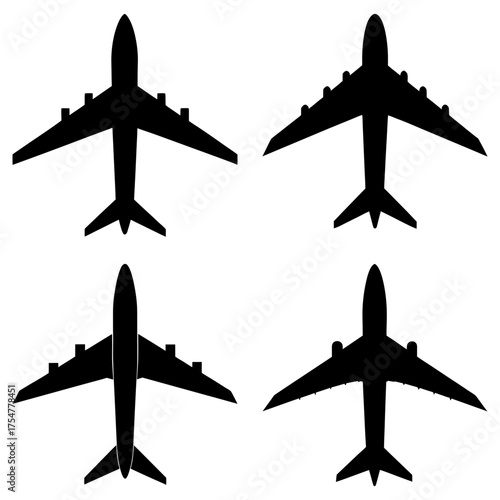 Four airplane silhouettes in a grid pattern showcasing different aircraft wing and engine configurations