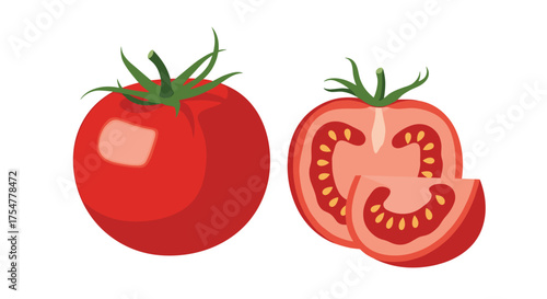 Whole and sliced red tomatoes and a wedge of tomato.