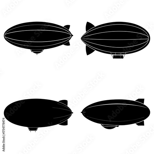 Four black and white airships in different views showcasing vintage aviation technology and design elements