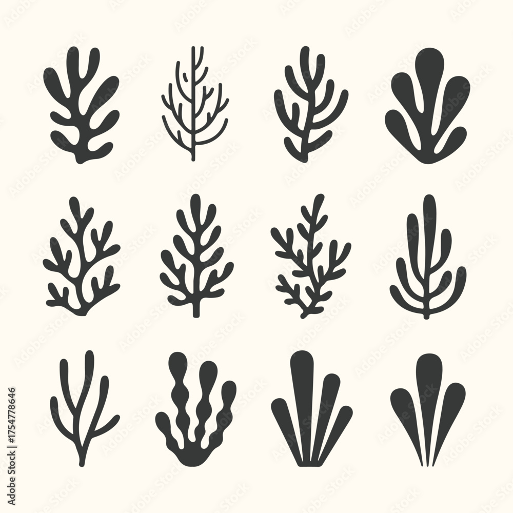 Fototapeta premium Vector art of collection of twelve abstract botanical and coral illustrations in black on a cream background