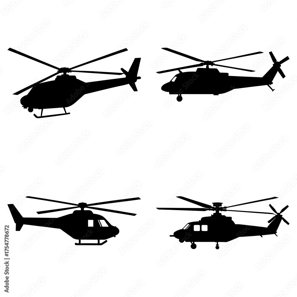 Fototapeta premium Silhouette illustration showcasing a collection of four distinct helicopter designs in flight formation
