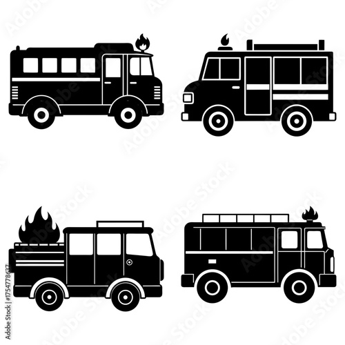 Illustration showing a set of four black and white fire trucks with flames on top of the vehicles