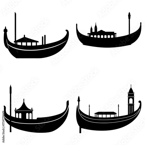 Silhouette illustration featuring four different gondola designs in a symmetrical arrangement