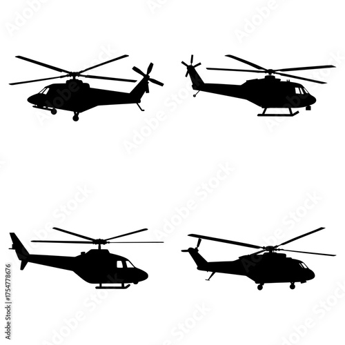 Silhouette illustration featuring four distinct helicopter designs in a simple arrangement