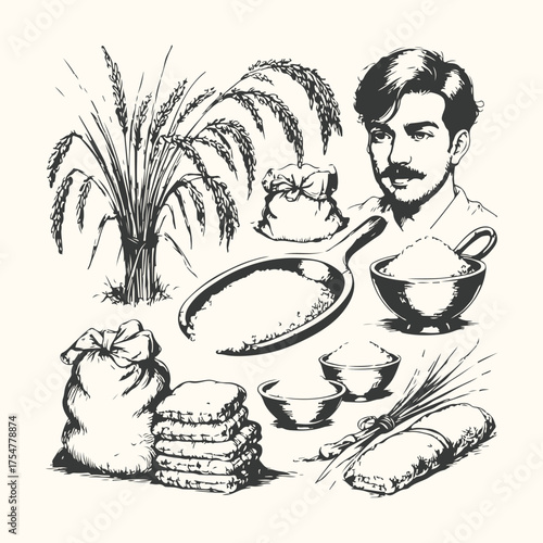 Vector art of vintage illustration of a farmer with rice grains, sacks, and bowls, depicting the harvest and processing of rice