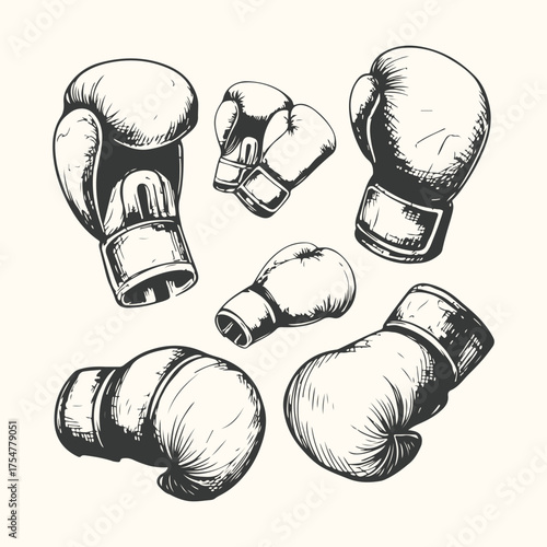 Vector art of a collection of vintage boxing gloves in various sizes and styles, handdrawn sketch isolated on a light background