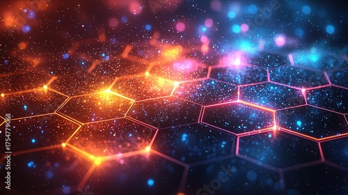 Abstract background with colorful glowing hexagons on dark blue gradient, big data and cyber tech concept in night sky wireframe
