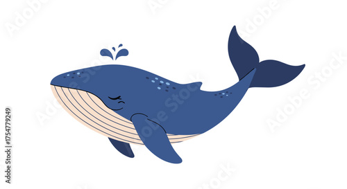 Majestic blue whale gracefully swims through the ocean waters with a spout of water.