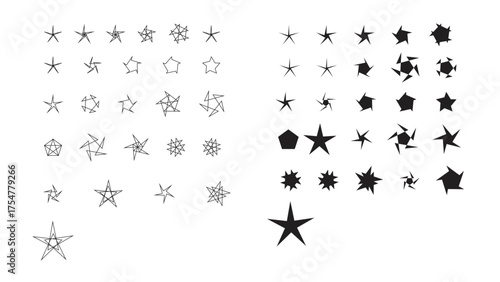 A collection of star illustrations in varying styles and opacities arranged in two distinct groups on white