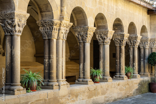cloister of San Pedro el viejo with semicircular arches supported by double paired columns, San Pedro el Viejo Monastery, Huesca, Aragon community, Spain