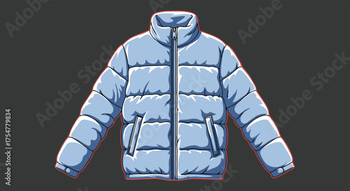 Light blue puffer jacket with zipper and pockets for winter wear.