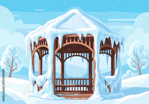 Ice-covered gazebo frame in serene winter landscape