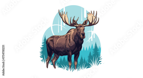 Majestic bull moose standing tall in a serene forest landscape.