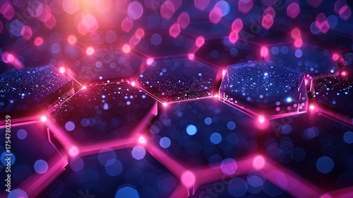 Abstract background with colorful glowing hexagons on dark blue gradient, big data and cyber tech concept in night sky wireframe
