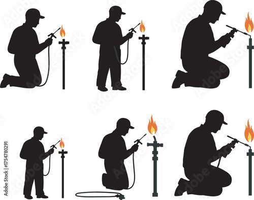 Blowtorch worker silhouettes, flame welding action, industrial safety poses, black and white vector illustration, construction tool usage, fire handling graphics, skilled labor icons