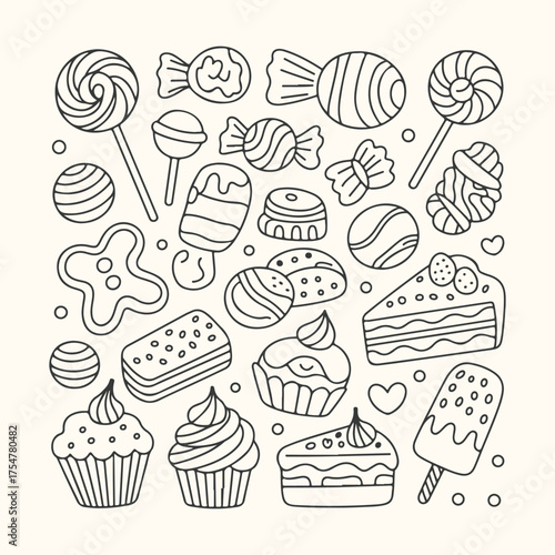 Vector art of a collection of handdrawn sweets and candies, isolated on a