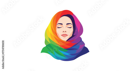 A woman with eyes closed wearing a rainbow hijab.