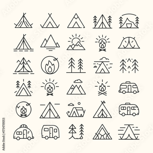 Vector art of collection of camping and outdoor recreation icons including tents, mountains, campfires, and rvs, all in a simple line art style