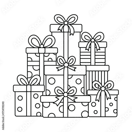 Scalable vector line art illustration of stacked gift boxes with bows for declarative eps files silhouette vector illustration white background